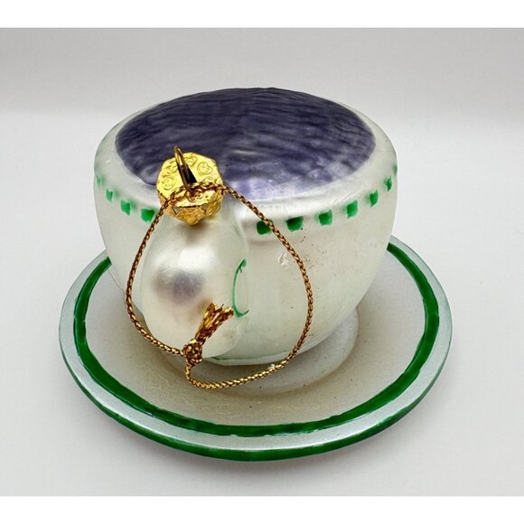 Vintage Espresso Cup Glass Christmas Tree Ornament with Saucer White Green Trim - Picture 2 of 9